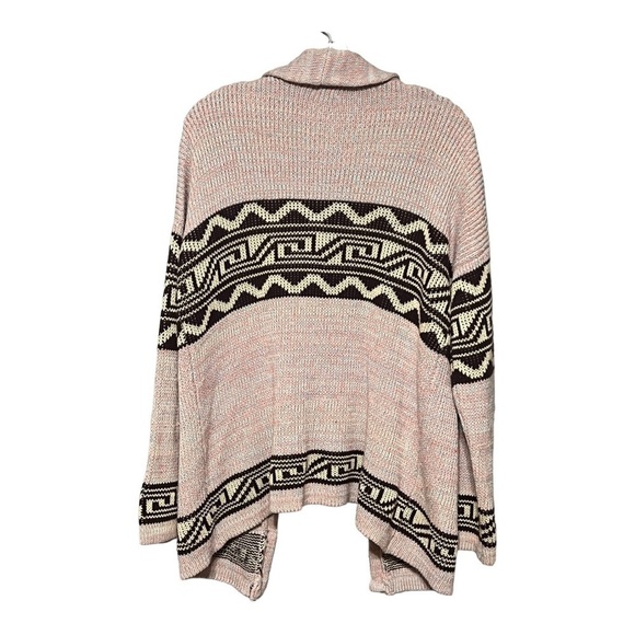 Ecote Cardigan Pink Brown Open Front Geo Print Shawl Collar Grandpa Sweater - Picture 2 of 9